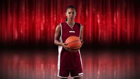 Weiblicher-Basketballspieler-Vor-Rotem-Hintergrund