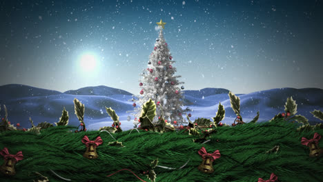 Weihnachtsstechpalmenkranz-Und-Glocken-Mit-Weihnachtsbaum