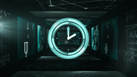 Animation-of-a-clock-ticking-and-mathematical-formulae-floating-on-black-walls