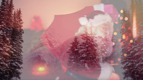 Digital-composition-of-snow-landscape-against-santa-claus-with-finger-on-lips-carrying-sack-of-chris