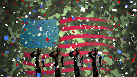 Figuras-De-Cuatro-Soldados-Saludando-Contra-La-Bandera-Estadounidense-Sobre-Fondo-De-Camuflaje