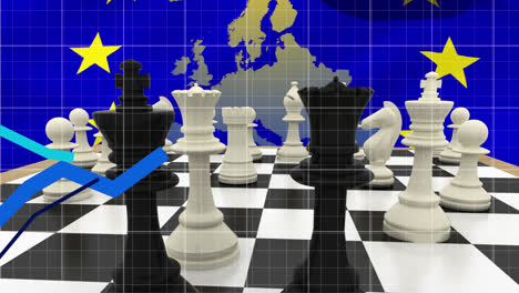 Blue-graphs-moving-over-chessboard-against-EU-flag-waving