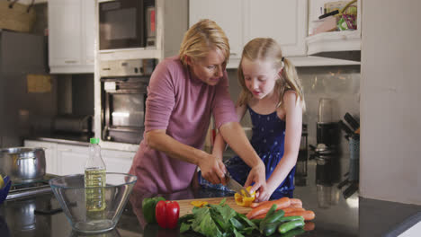 Front-view-of-Caucasian-woman-cooking-with-her-daughter-at-home