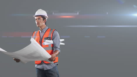 Animation-of-Caucasian-male-worker-wearing-an-orange-high-vest-and-a-hat,-holding-plans-over-rays