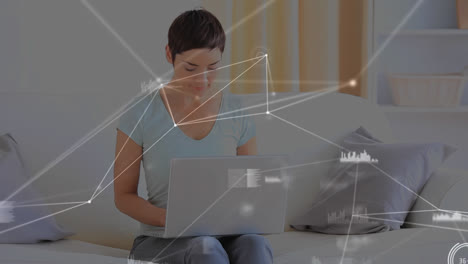 Animation-of-network-of-connections-over-female-student-using-laptop--from-home