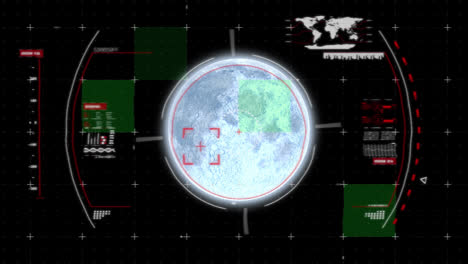 Animation-of-planet-earth-with-scope-scanning,-world-map-and-data-processing-on-black-background