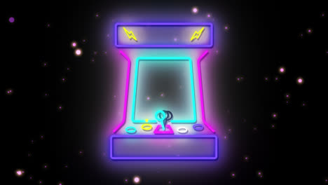 Animation-Einer-Neonfarbenen-Videospielkonsole-Im-Retro-Look,-Die-Im-Hintergrund-Am-Nachthimmel-Flackert
