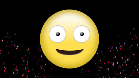 Animation-of-multi-coloured-confetti-falling-and-emoticon-against-black-background