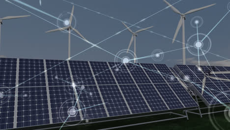 Animation-of-network-connections-over-solar-panels-and-wind-turbines