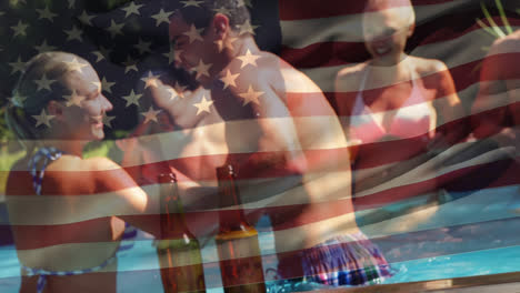 Gruppe-Von-Freunden-In-Einem-Pool-Und-Die-Amerikanische-Flagge