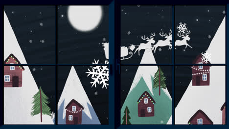 Digitale-Animation-Eines-Fensterrahmens-Vor-Schneefall-über-Der-Silhouette-Des-Weihnachtsmanns-Im-Schlitten