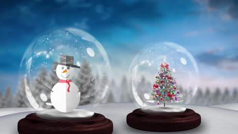 Digitale-Animation-Von-Schnee,-Der-über-Schneemann-Und-Weihnachtsbaum-In-Einer-Schneekugel-Fällt
