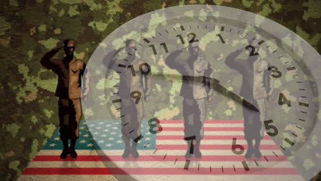 Clock-ticking-and-figures-of-four-soldiers-saluting-over-US-flag-against-camouflage-background