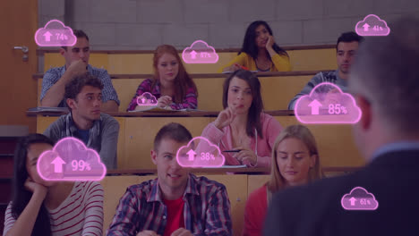 Animation-of-pink-clouds-with-percent-going-to-one-hundred-over-students-in-a-classroom--