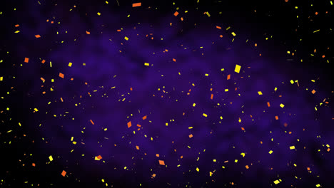 Animation-of-multi-coloured-confetti-falling-over-glowing-purple-background