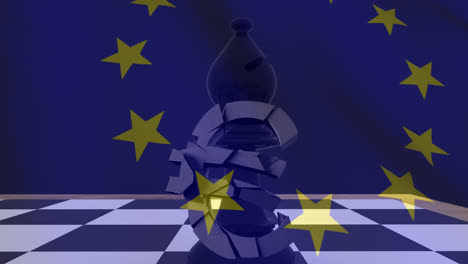 EU-Flagge-Weht-Gegen-Kaputtes-Euro-Währungssymbol-Auf-Schachbrett