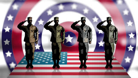 Figuren-Von-Vier-Soldaten,-Die-Vor-Der-US-Flagge-Vor-Sternen-Auf-Rotierenden-Kreisen-Salutieren