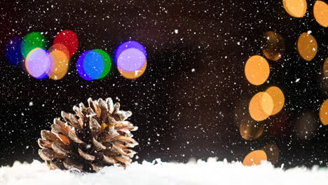 Fallender-Schnee-Mit-Weihnachtlicher-Tannenzapfendekoration