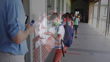 Animation-of-coronavirus-cell-with-masked-schoolchildren-sanitizing-hands-before-class