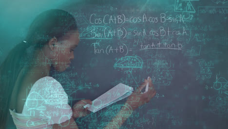 Animation-of-math-equations-with-caucasian-student-girl-writing-on-chalkboard