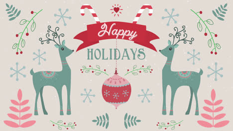 Animation-of-Happy-Holidays-words-and-moving-deers-on-Christmas-decorations-background