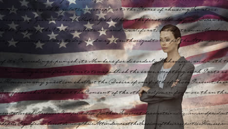 Mujer-De-Negocios-Y-Constitución-Escrita-De-Los-Estados-Unidos-Con-La-Bandera-Y-El-Cielo