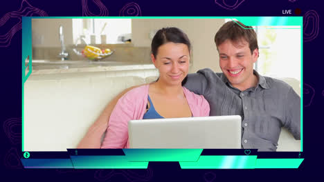Animation-of-a-Caucasian-couple-having-an-online-conversation-with-a-blue-frame.-