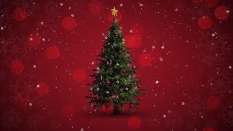 Digital-animation-of-snow-falling-over-spinning-christmas-tree-against-spots-of-light-on-red-backgro