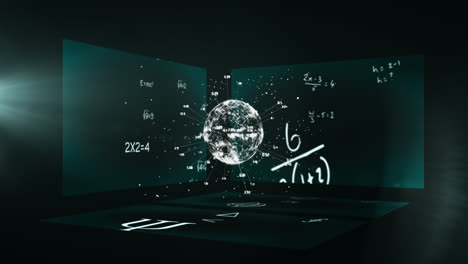 Animation-Eines-Globus-Mit-Zahlen,-Die-Sich-über-Drei-Mathematische-Bretter-Drehen,-Und-Schwebenden-Gleichungen
