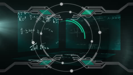 Animation-of-circles-and-connections-over-three-screens-showing-mathematical-equations-floating