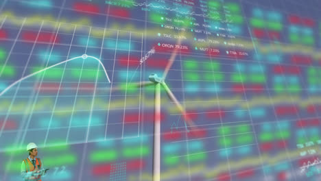 Animation-of-wind-turbine-turning-with-an-engineer-using-digital-tablet-and-stock-exchange-graph