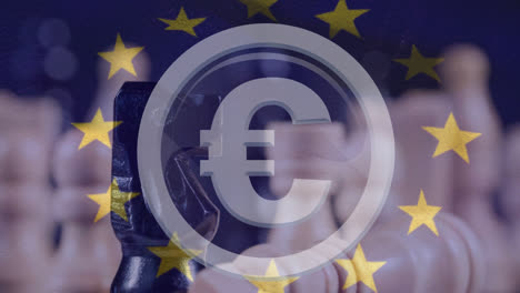 Euro-Währungssymbol-über-EU-Flagge-Weht-Gegen-Schachbrett
