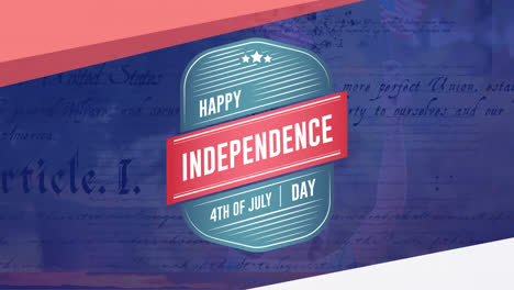 Happy-Independence-Day,-4.-Juli-Text-In-Einem-Abzeichen-Mit-Der-Verfassung-Und-Einem-Kind-Mit-Flaggen