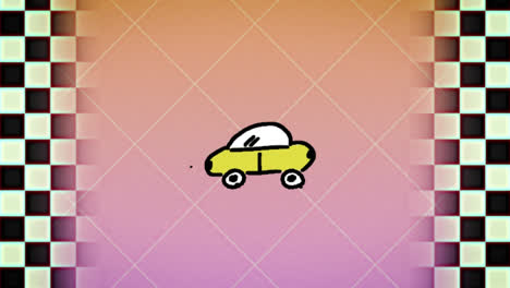 Car-drawing-on-pink-background-with-black-and-white-checkerboard-moving-on-left-and-right