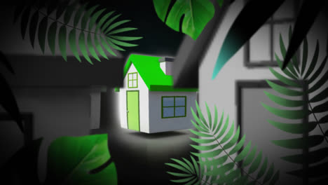 Animación-De-Casa-Gris-Con-Planta-Tropical-Verde.