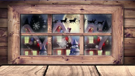 Digital-animation-of-wooden-window-frame-against-snow-falling-over-black-silhouette-of-santa-claus