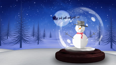 Digital-animation-of-snowman-in-snow-globe-against-snow-falling-over-silhouette-of-santa-claus