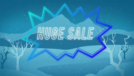 Digital-animation-of-huge-sale-neon-text-on-retro-speech-bubble-against-snow-falling