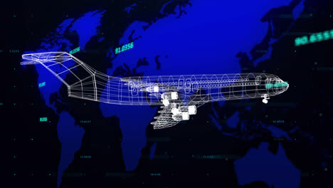 Animation-of-data-processing-and-3d-model-of-airplane-on-blue-world-map