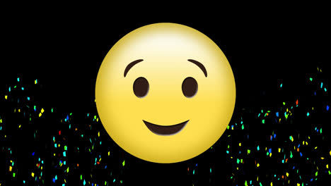 Animation-of-multi-coloured-confetti-falling-over-smiling-emoji-on-black