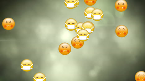 Animation-of-emojis-with-face-masks-floating-over-glowing-light-flickering-on-green-background