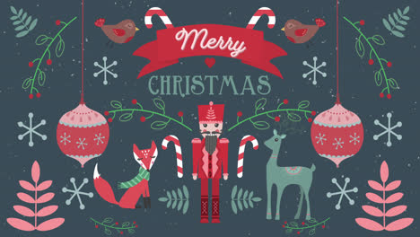 Animation-Von-Fröhlichen-Weihnachtswörtern-Mit-Tieren-Auf-Weihnachtlichem-Dekorationshintergrund