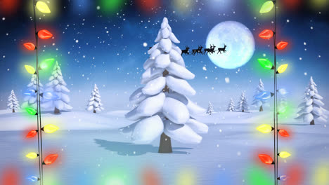 Weihnachtsmann-Im-Schlitten-Mit-Fliegenden-Rentieren-Und-Weihnachtsbeleuchtung-In-Der-Winterlandschaft