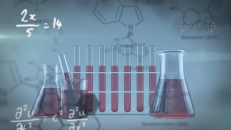 Animation-of-chemical-compound-structures-against-laboratory-test-tubes-and-beakers-with-red-liquid