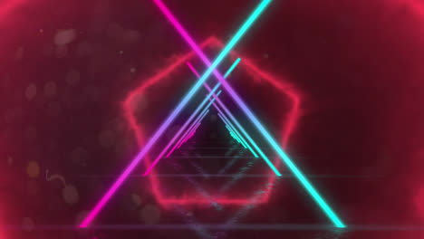 Colorful-hazy-hexagon-outlines-moving-over-crossed-blue-and-pink-neon-beams