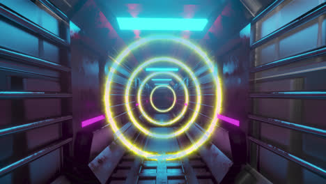 Colorful-neon-concentric-circles-moving-over-futuristic-passageway