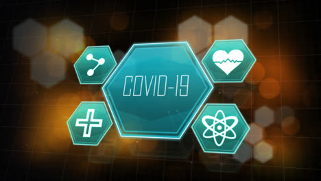 Animation-of-covid-19-text-and-medical-icons-over-flickering-hexagons-on-brown-background