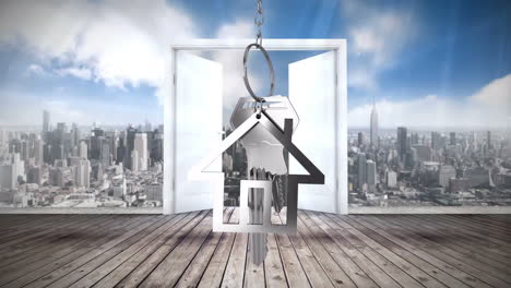 House-keys-and-key-fob-hanging-over-door-opening-in-the-background