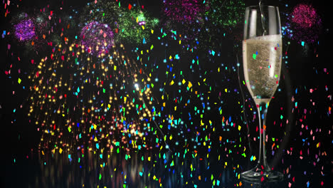 Animation-of-multi-coloured-confetti-falling-over-fireworks-and-champagne-glass