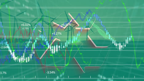 Animation-of-wind-turbines-turning,-recycling-sign-and-stock-exchange-graph-increasing